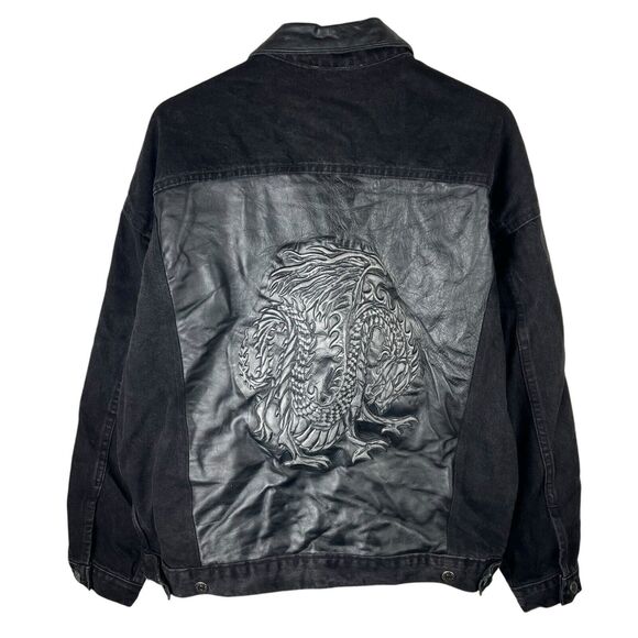 Vintage 90s Tyca Mens L Jacket Denim Jean Dragon Western Trucker Embossed USA
